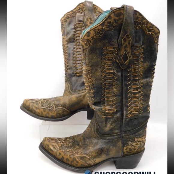 Corral Brown Western Studded Boots w/Leopard and Side Lace Design Size 6.5